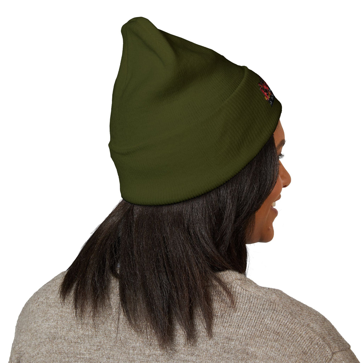 Embroidered Racing Flame Beanie — Classic Cuffed Knit Cap