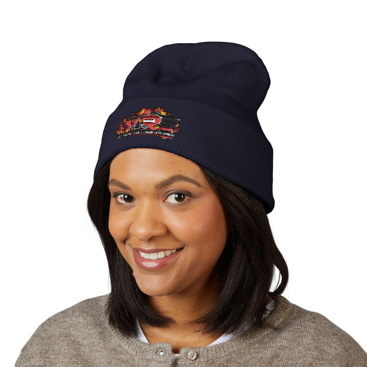 Embroidered Racing Flame Beanie — Classic Cuffed Knit Cap