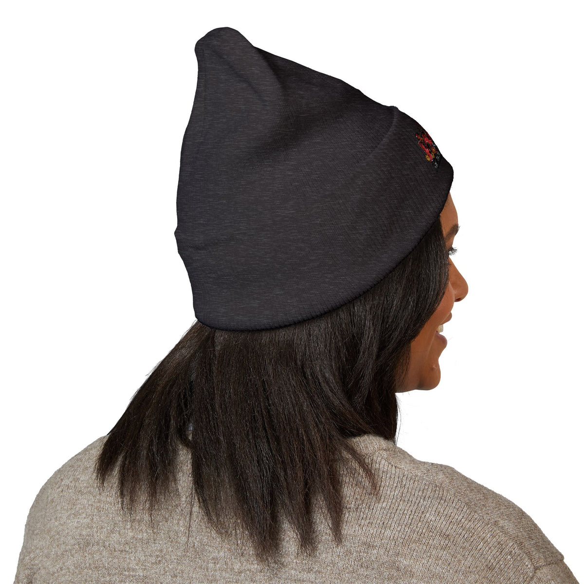Embroidered Racing Flame Beanie — Classic Cuffed Knit Cap