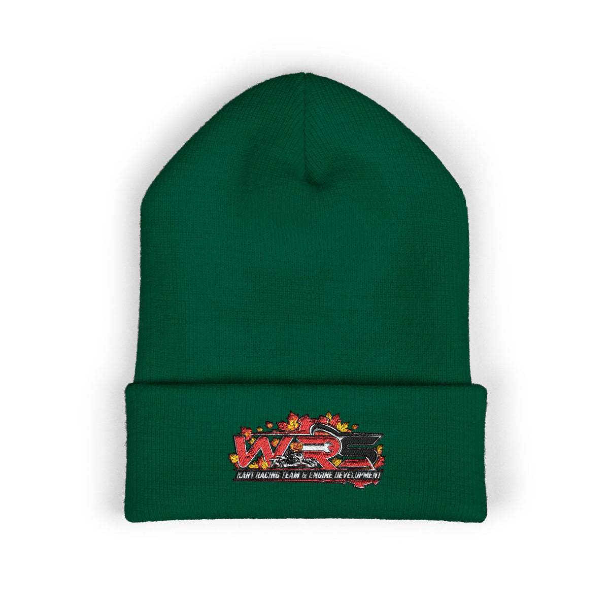 Embroidered Racing Flame Beanie — Classic Cuffed Knit Cap