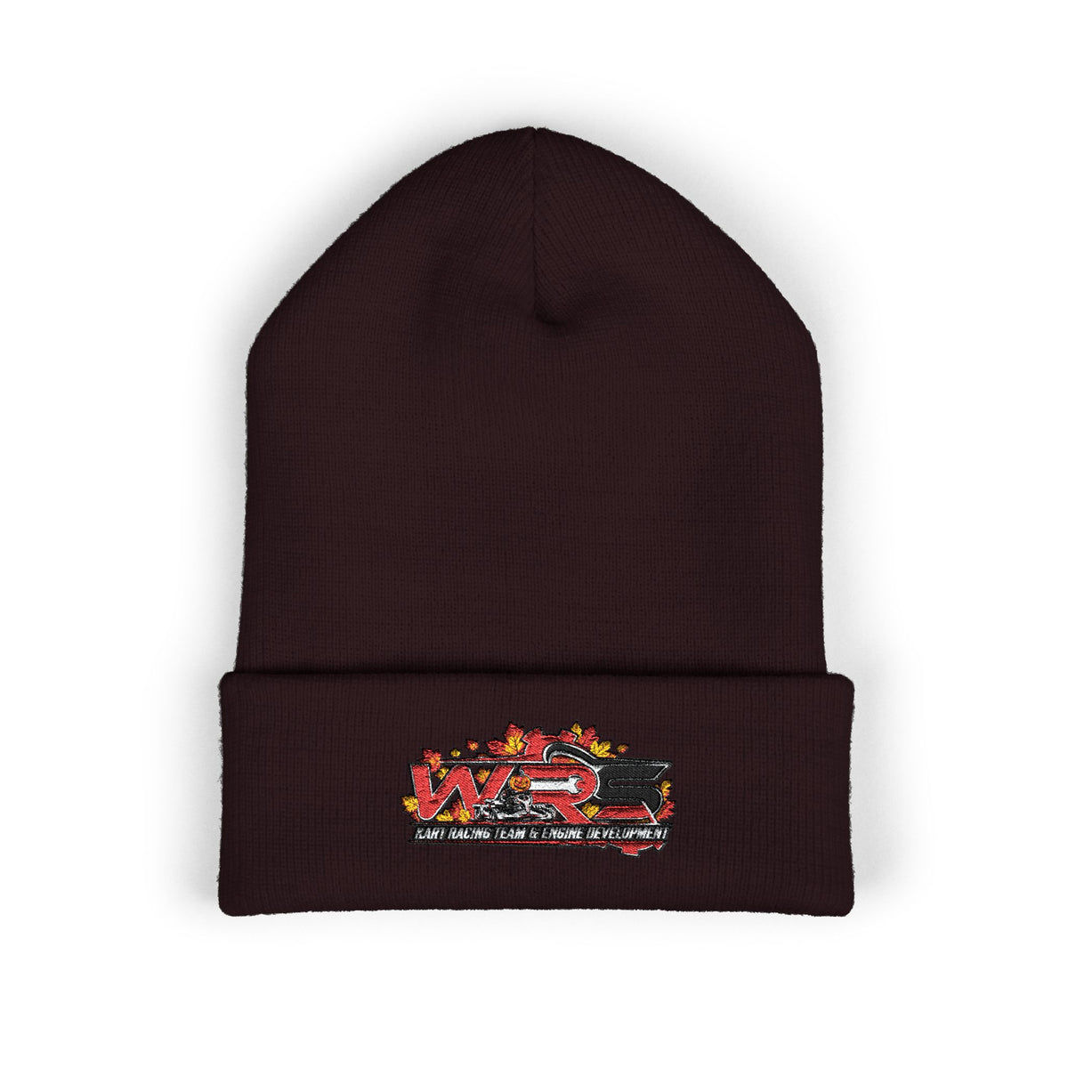 Embroidered Racing Flame Beanie — Classic Cuffed Knit Cap