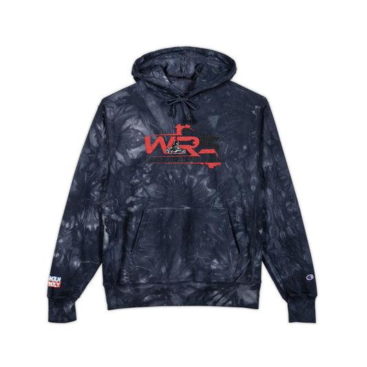 Tie-Dye Embroidered Hoodie — Black Distressed "W2" Graphic