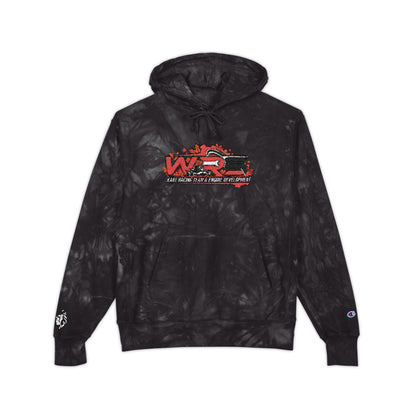 Tie-Dye Embroidered Hoodie — Black Champion Style with Red Floral Logo