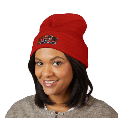 Embroidered Racing Flame Beanie — Classic Cuffed Knit Cap