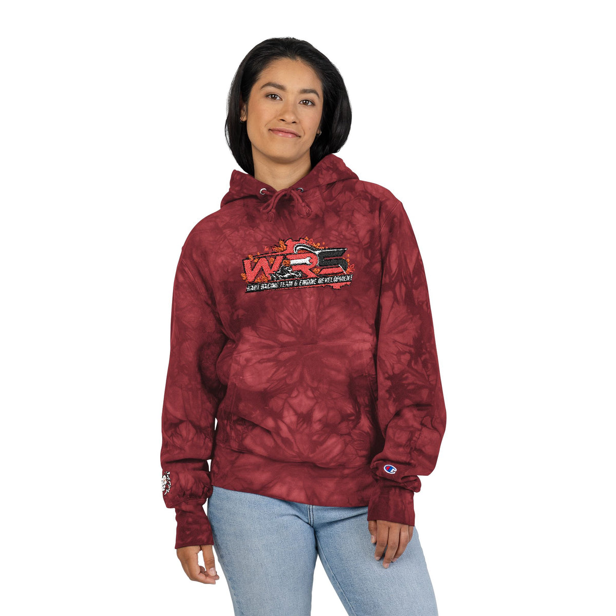Tie-Dye Embroidered Hoodie — Black Champion Style with Red Floral Logo