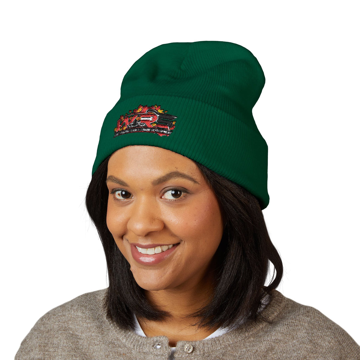 Embroidered Racing Flame Beanie — Classic Cuffed Knit Cap