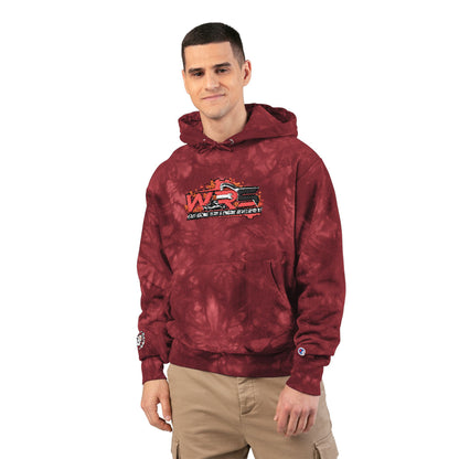Tie-Dye Embroidered Hoodie — Black Champion Style with Red Floral Logo