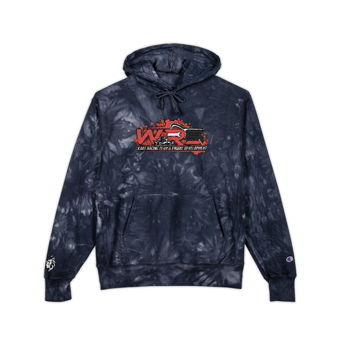 Tie-Dye Embroidered Hoodie — Black Champion Style with Red Floral Logo