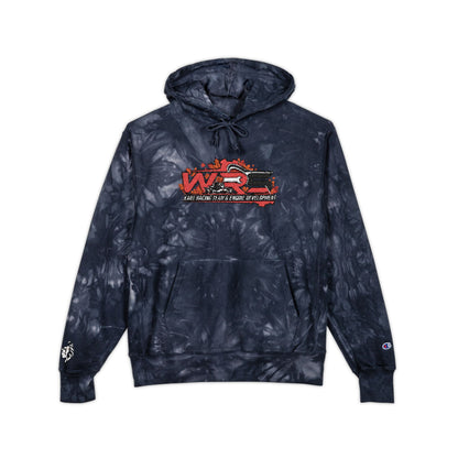 Tie-Dye Embroidered Hoodie — Black Champion Style with Red Floral Logo