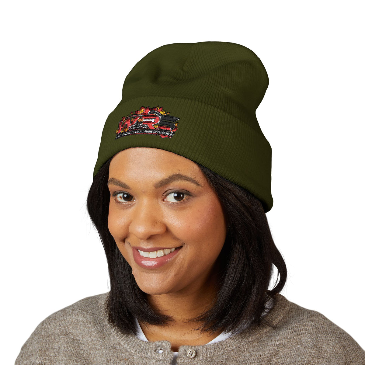 Embroidered Racing Flame Beanie — Classic Cuffed Knit Cap