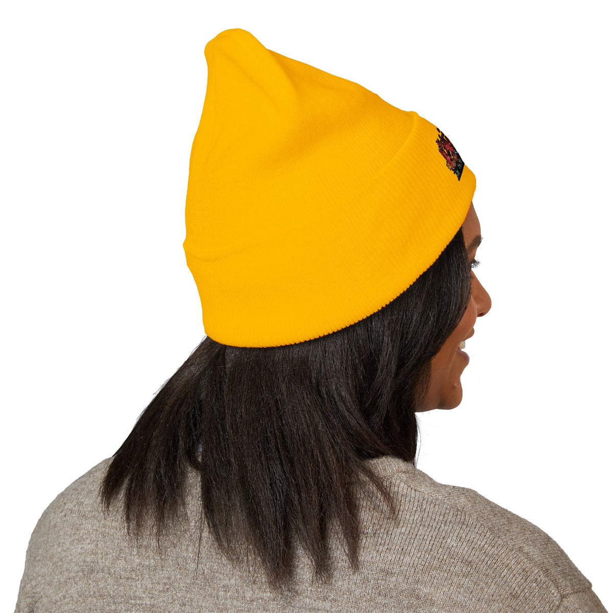 Embroidered Racing Flame Beanie — Classic Cuffed Knit Cap