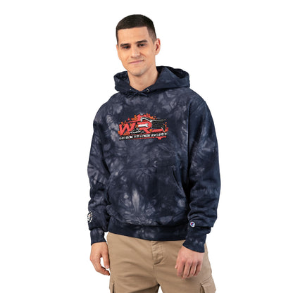 Tie-Dye Embroidered Hoodie — Black Champion Style with Red Floral Logo