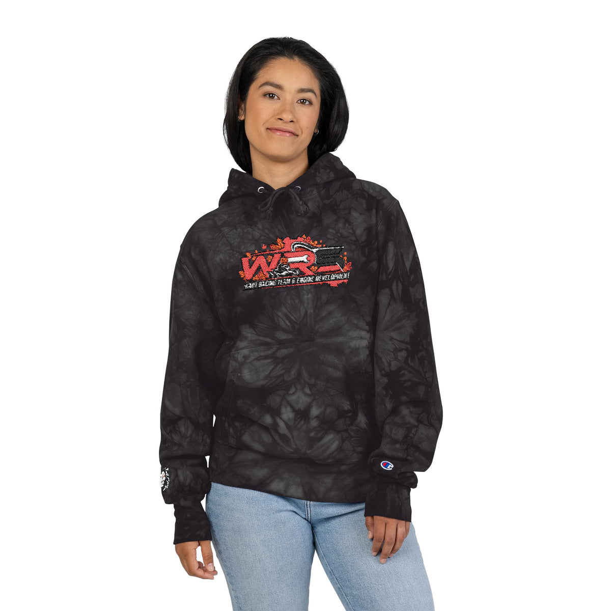 Tie-Dye Embroidered Hoodie — Black Champion Style with Red Floral Logo