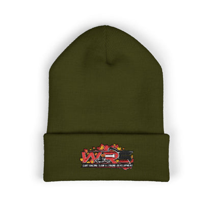Embroidered Racing Flame Beanie — Classic Cuffed Knit Cap