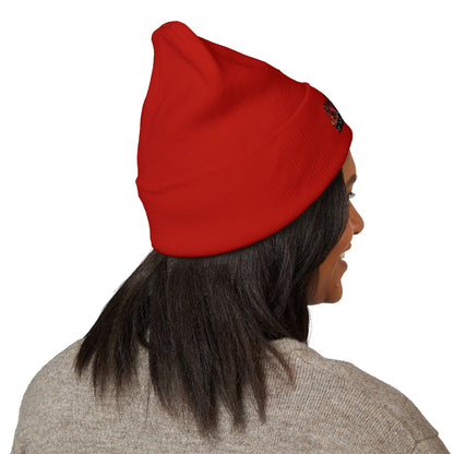 Embroidered Racing Flame Beanie — Classic Cuffed Knit Cap