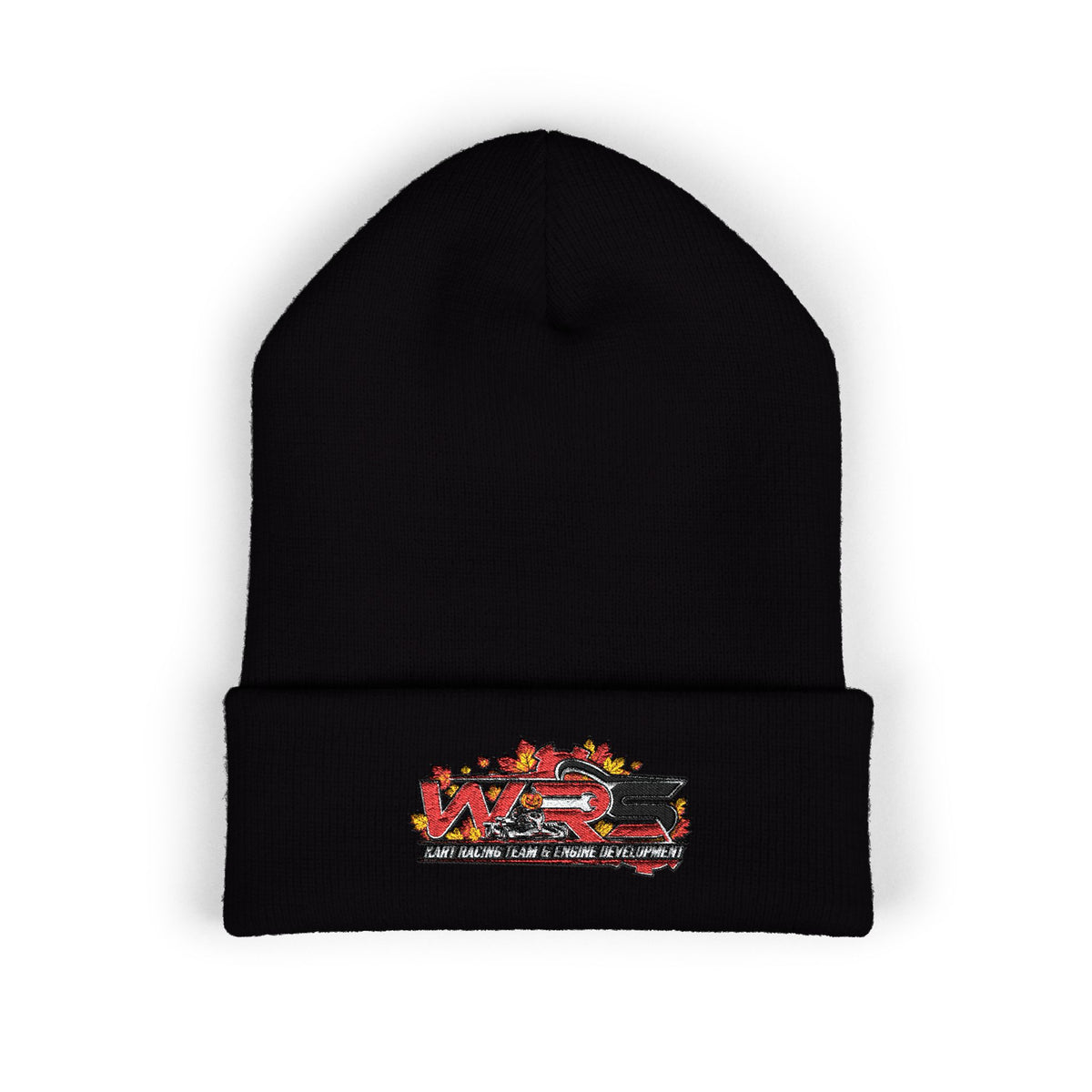 Embroidered Racing Flame Beanie — Classic Cuffed Knit Cap