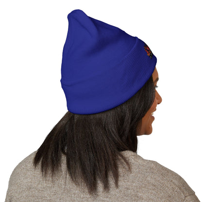 Embroidered Racing Flame Beanie — Classic Cuffed Knit Cap