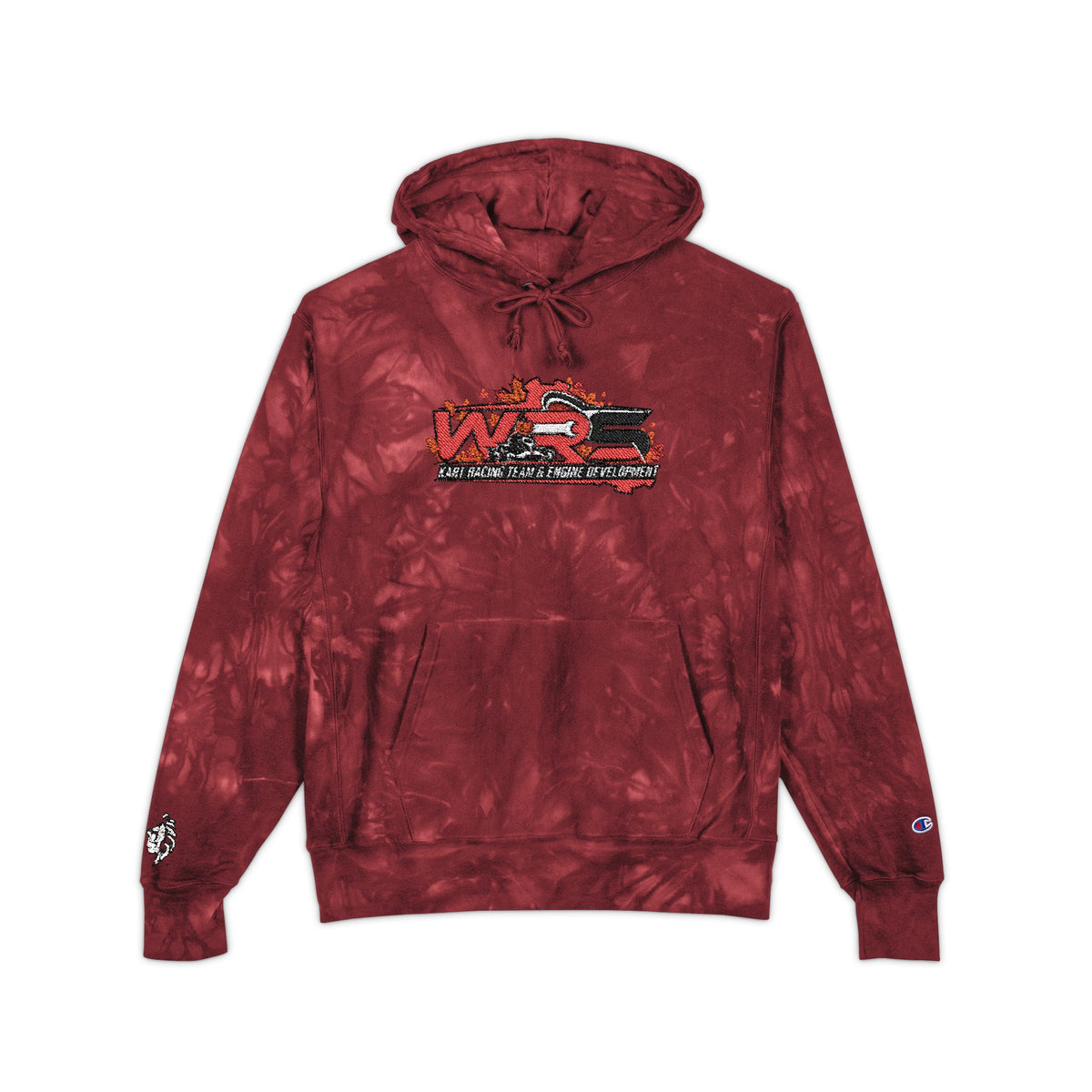 Tie-Dye Embroidered Hoodie — Black Champion Style with Red Floral Logo