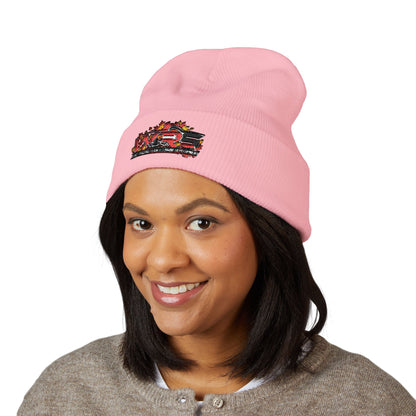 Embroidered Racing Flame Beanie — Classic Cuffed Knit Cap