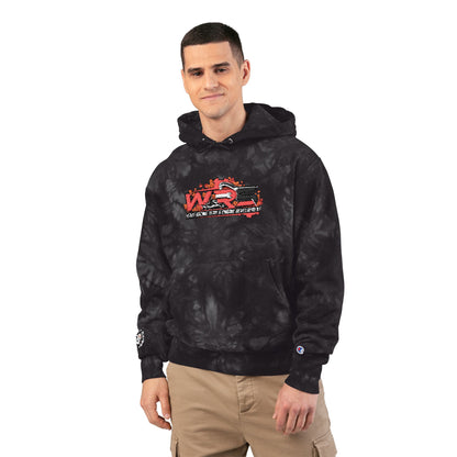 Tie-Dye Embroidered Hoodie — Black Champion Style with Red Floral Logo
