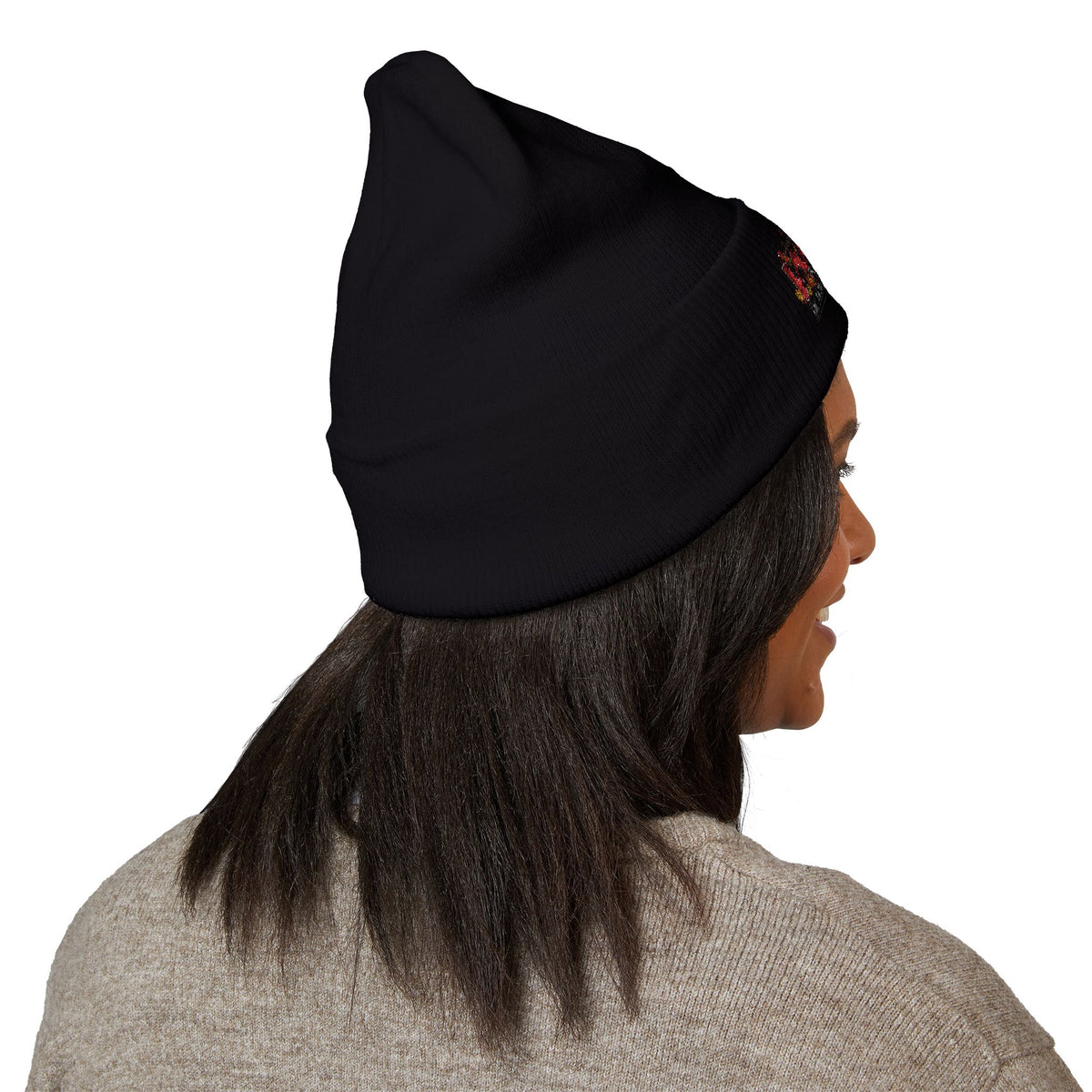 Embroidered Racing Flame Beanie — Classic Cuffed Knit Cap