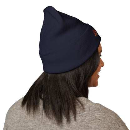 Embroidered Racing Flame Beanie — Classic Cuffed Knit Cap