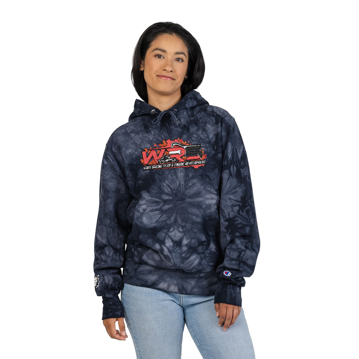 Tie-Dye Embroidered Hoodie — Black Champion Style with Red Floral Logo