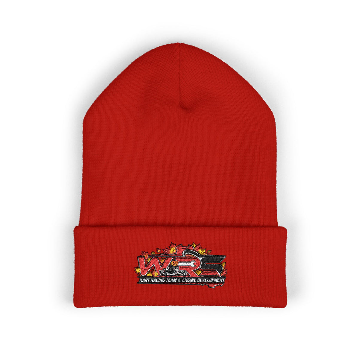 Embroidered Racing Flame Beanie — Classic Cuffed Knit Cap