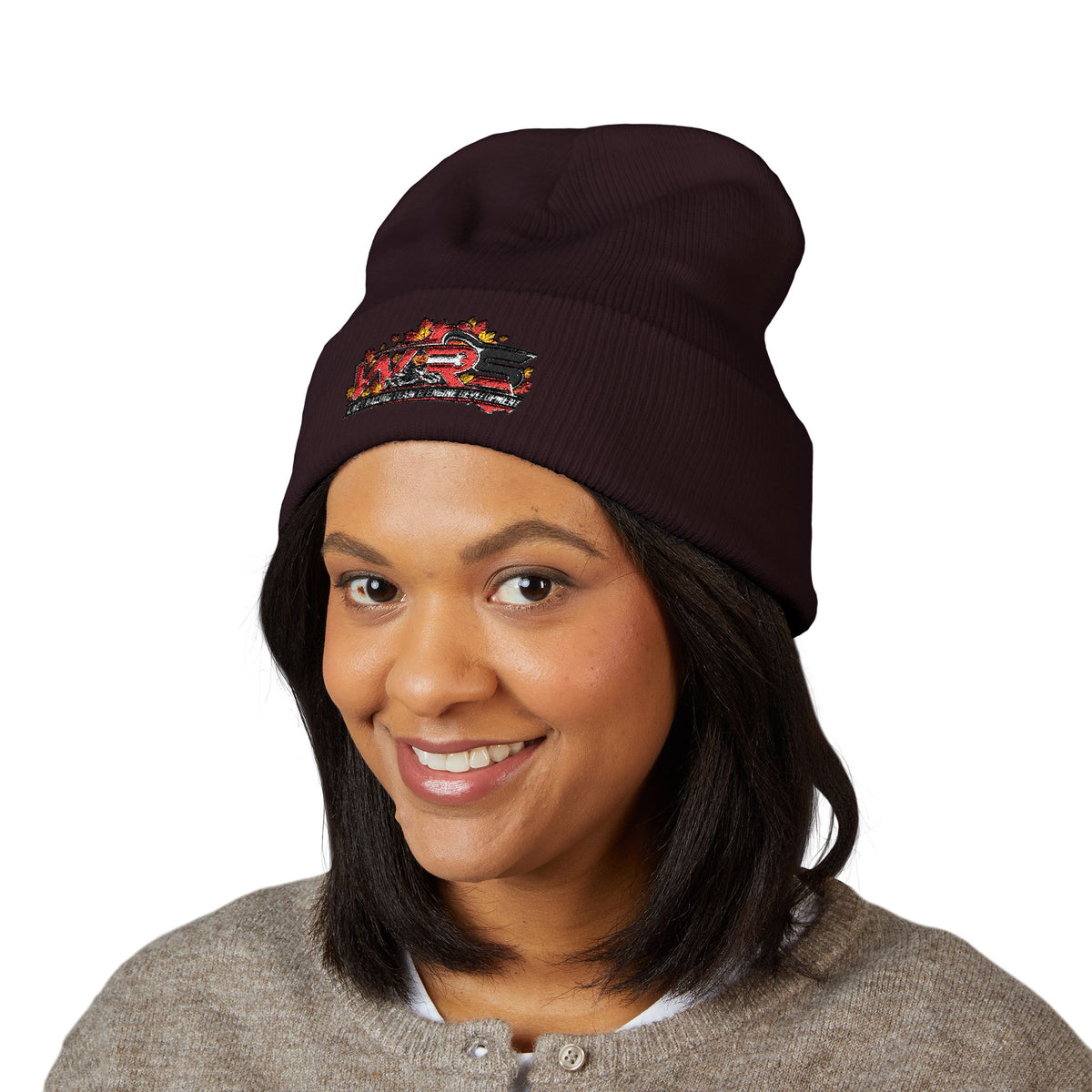 Embroidered Racing Flame Beanie — Classic Cuffed Knit Cap